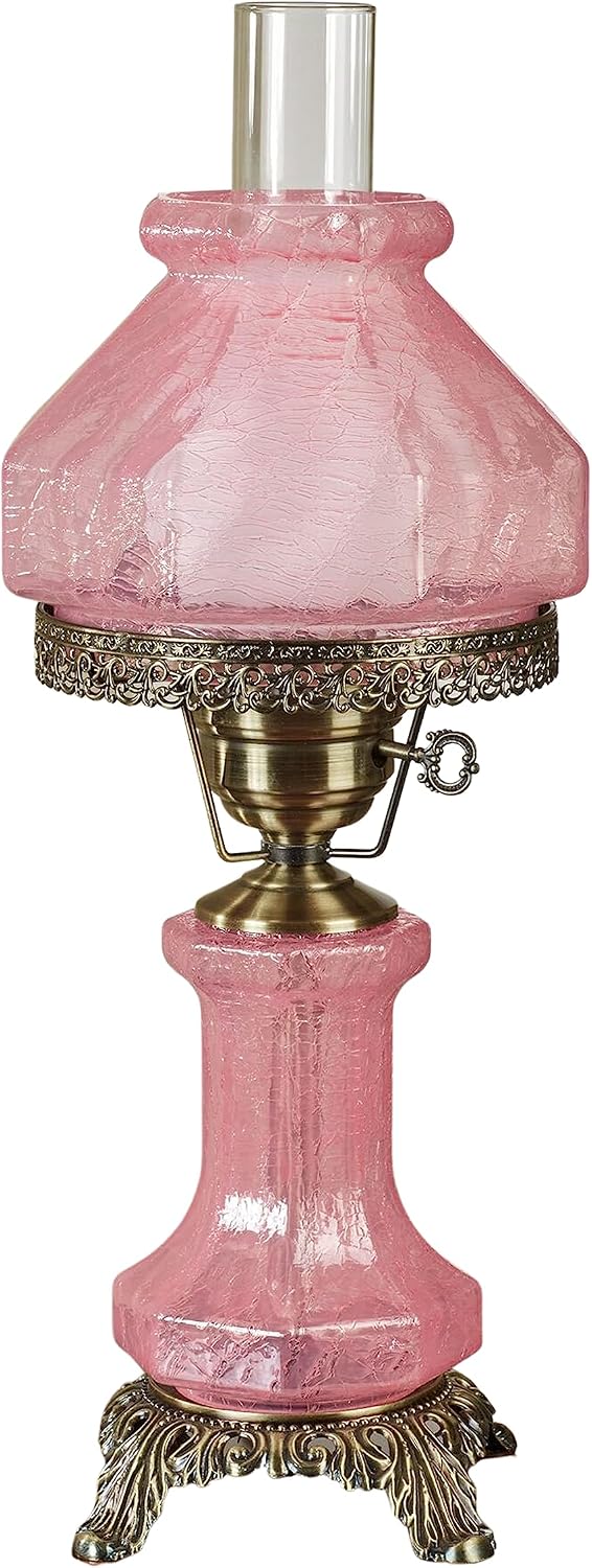Touch of Class Isabel Hurricane Style Hand-Blown Crackled Glass Victorian Table Lamp Pink | Octagon Shape | Vintage Lighting for Bedroom, Living Room, Office | Two Shades | Nightlight