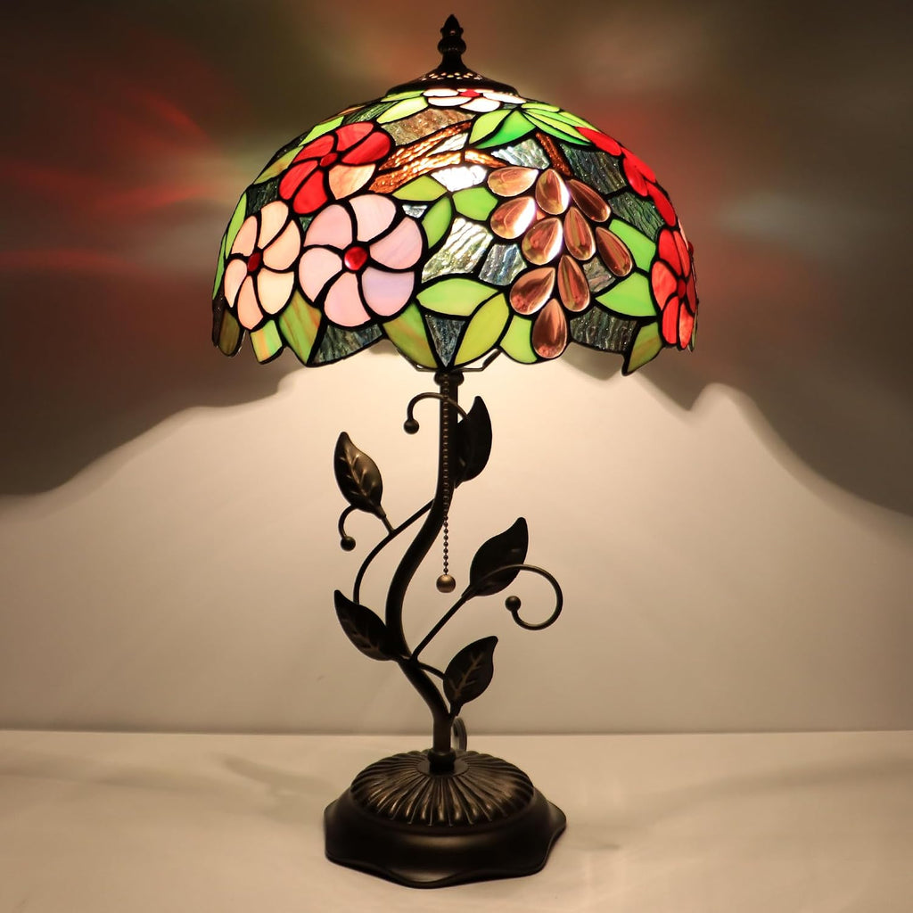 Tiffany Lamp Grape Style Stained Glass Table Lamp Desk Bedside Reading Light 12X12X19 Inches with Metal Leaf Base