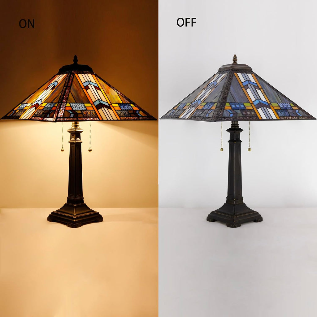 Tiffany Table Lamp Blue Cloudy Mission Style Stained Glass 16X16X23 Inches Desk Reading Light for Bedrooms Living Room Study Home Office