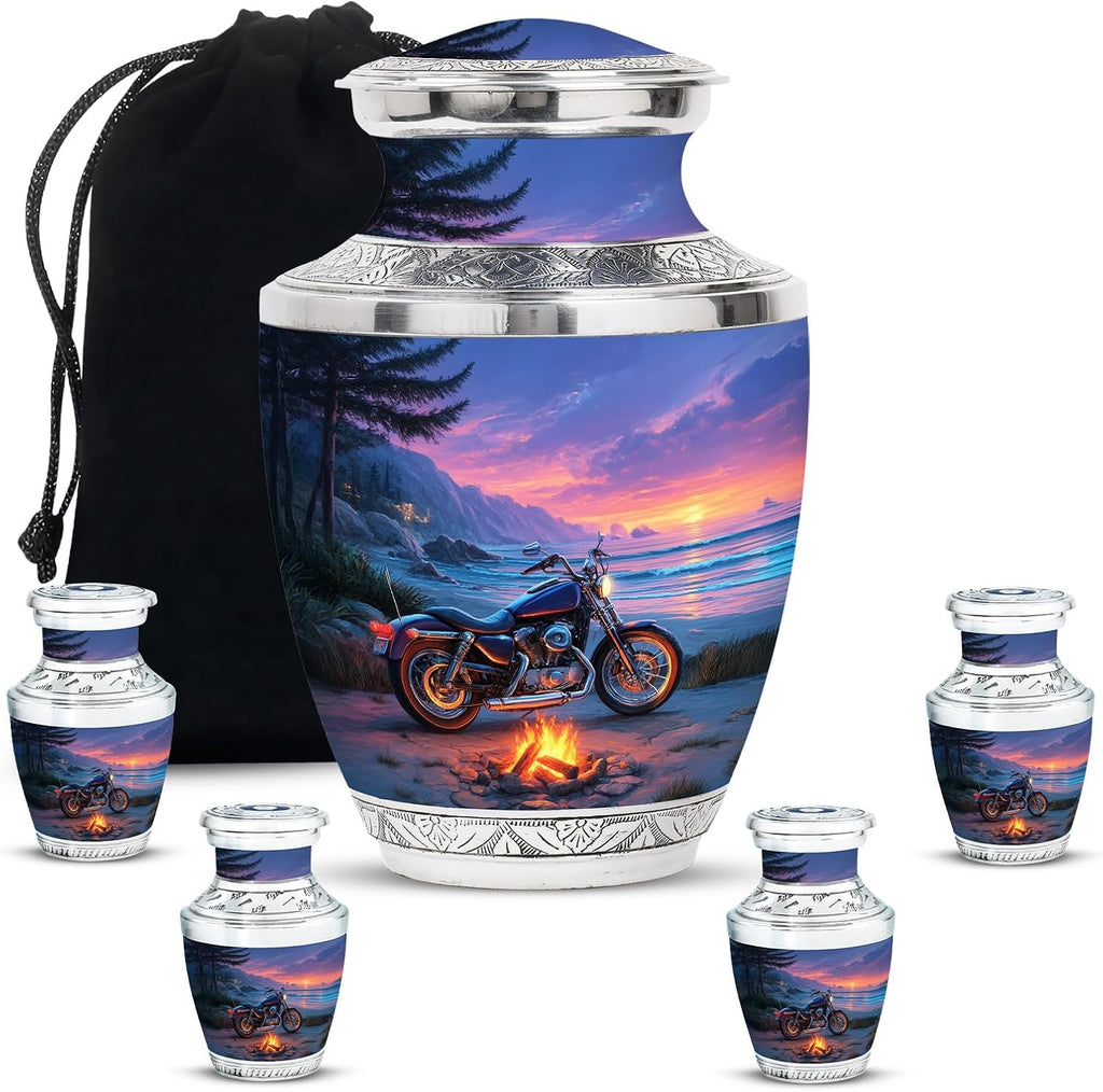Urn for Ashes Adult Male Motorcycle Theme - Purple Funeral Urns for Adult Ashes Men- Decorative Urns for Human Female Mom - Cremation Ash Holder Keepsake, Set of 5-10 Inch, 3 Inch