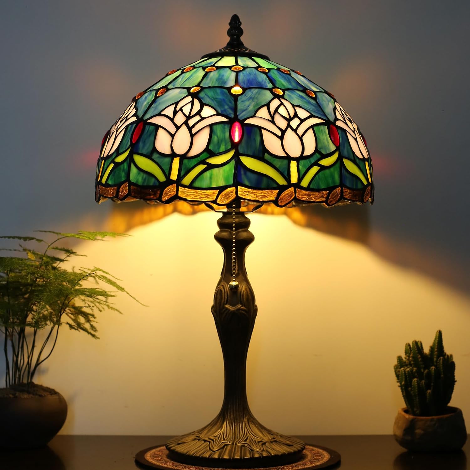 Tiffany Lamp Stained Glass Table Lamp 12' x 19' Pink Tulip Style Decorative Lamp Bedside Reading Lamp for Desk Living Room Bedroom Office Study Light Home Decor Gift