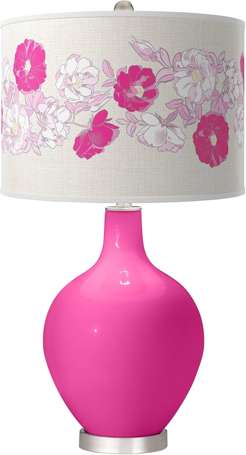 Color + Plus OVO 28 1/2' Tall Modern End Table Lamp Fuchsia Pink Finish Glass Single Fabric Rose Bouquet Shade for Living Room Bedroom Bedside Nightstand House Office Home Reading Kitchen Entryway