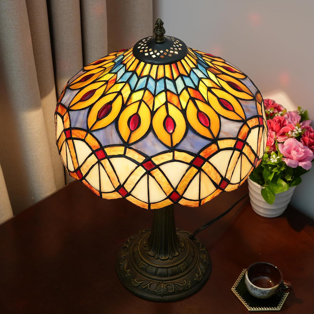 Yellow Peacock Tail Tiffany Table Lamp 12 inch Stained Glass Desk Lamp Vintage Reading Light for Living Room Bedroom Wedding Room Home Office Antique Decorative Light