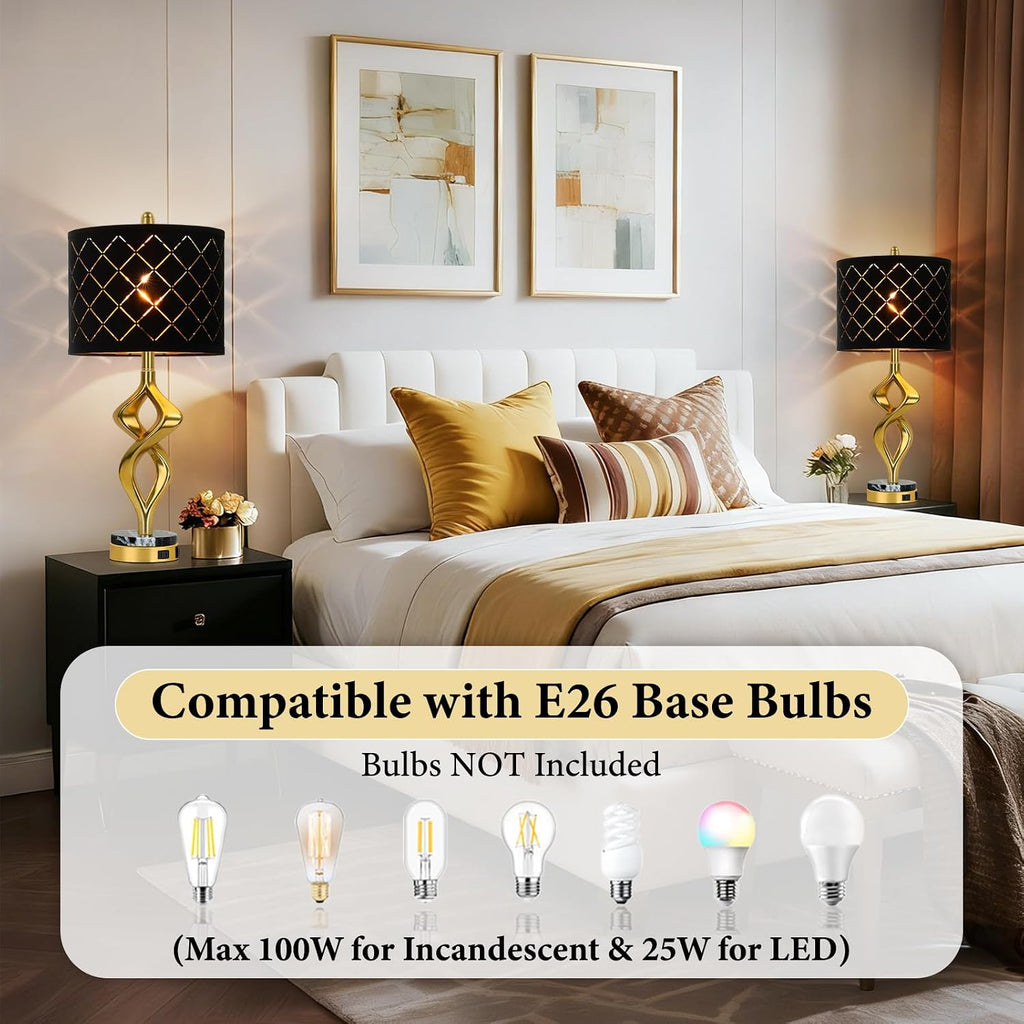 28.5' Modern Sculptural Living Room Table Lamps Set of 2 with USB Ports and Outlet, Gold Bedside Table Lamps with Black Marble Base, Nightstand Lamps for Bedroom with Luxurious Black Grid Lampshade