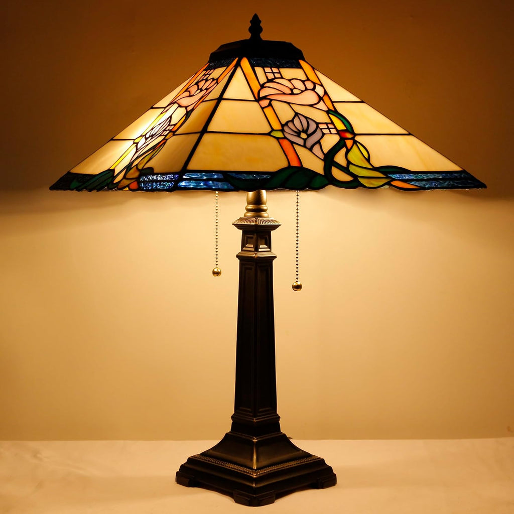 Tiffany Table Lamp Pink Flower Mission Style Stained Glass 16X16X23 Inches Desk Reading Light for Bedrooms Living Room Study Home Office