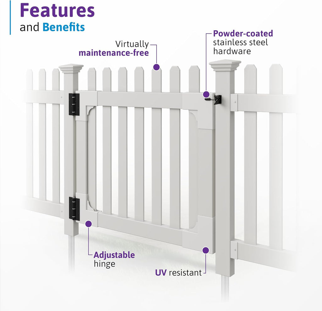 3ft H x 3.5ft W No Dig WamBam All American Flat Top Gate Kit, White Vinyl Picket Yard Entry with Hardware, Outdoor Access Door for Patio & Yard, ZP19085