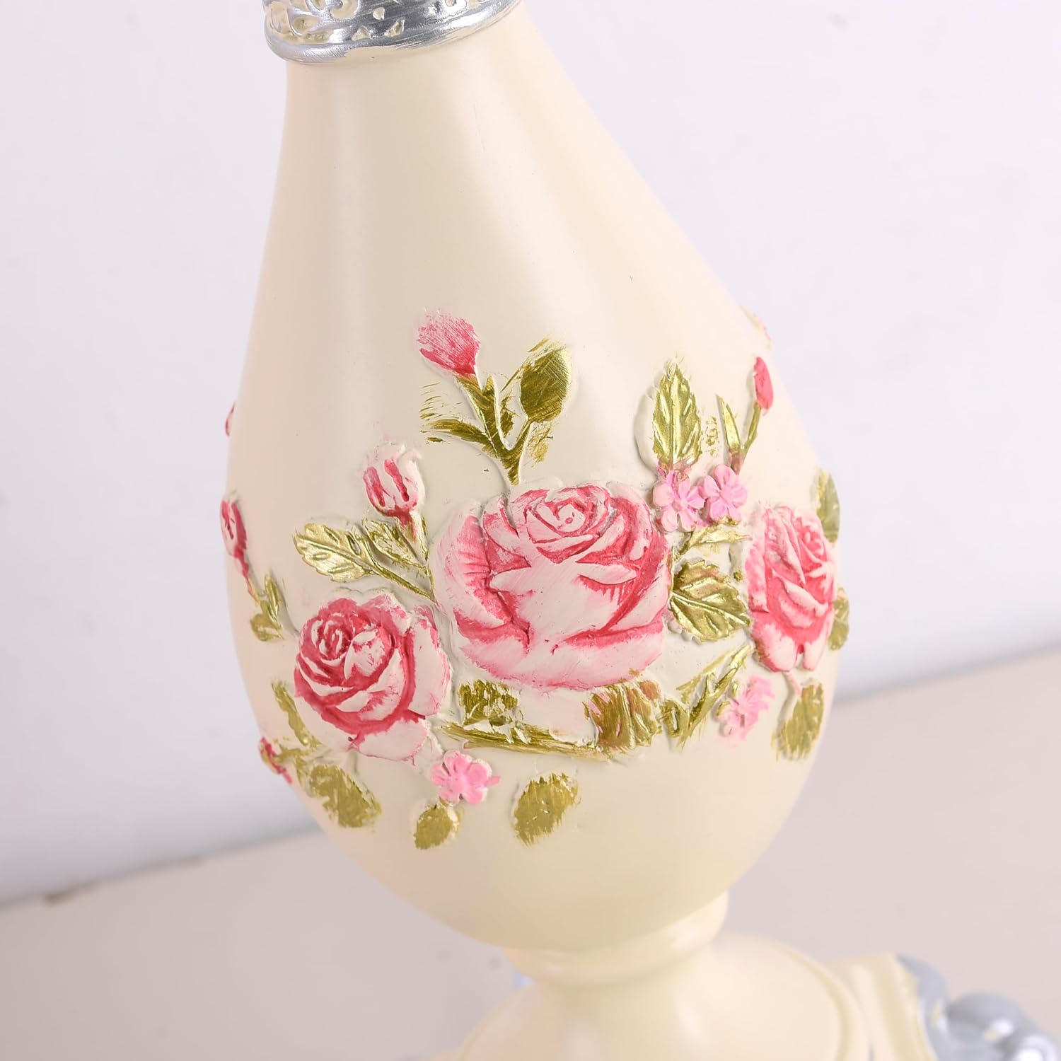 Cute Table Lamp with Fabric Lampshade, Antique Flower Decorative Bedside Desk Nightstand Lamp, Handmade Night Light for Bedroom Living Room (Pink and Beige)