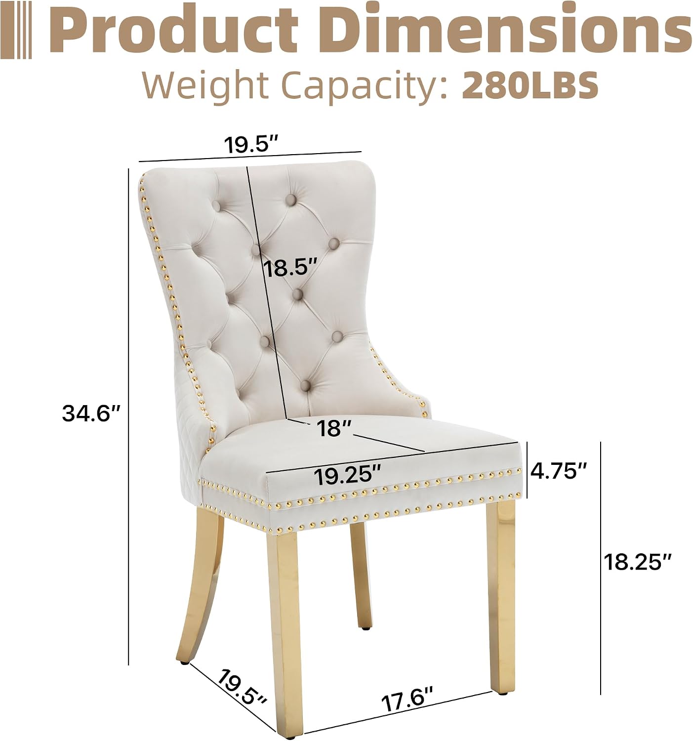 Velvet Dining Chairs Set of 2, Upholstered Dining Room Chairs, Mid-Century Modern Chairs with Diamond Lattice Tufted Back, Lion Pull Ring Rivet Trim, Golden Metal Legs for Kitchen, Beige