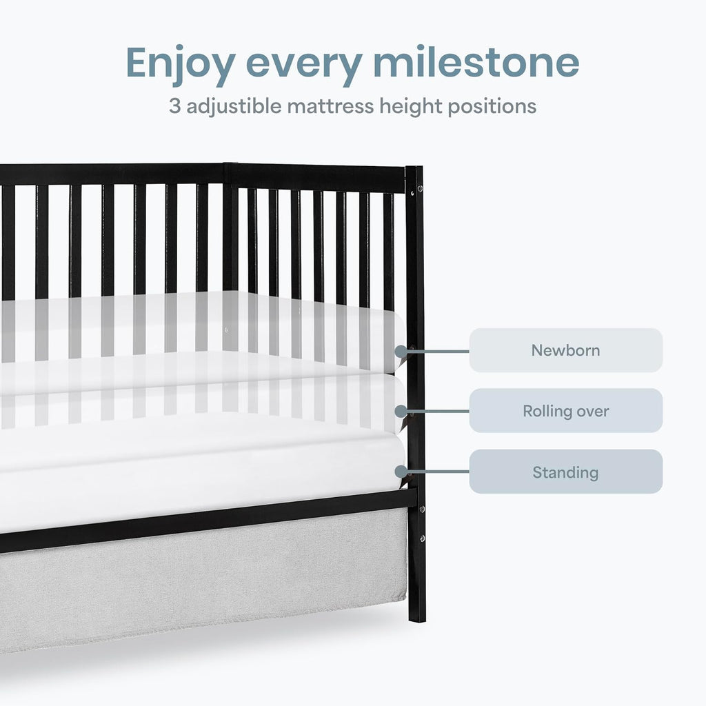 Dream On Me Synergy 5-in-1 Convertible Full-Size Baby Crib with Toddler, Day & Full Bed Conversion in Black, GreenGuard Gold & BSA, 3 Mattress Heights, Sustainable Pinewood