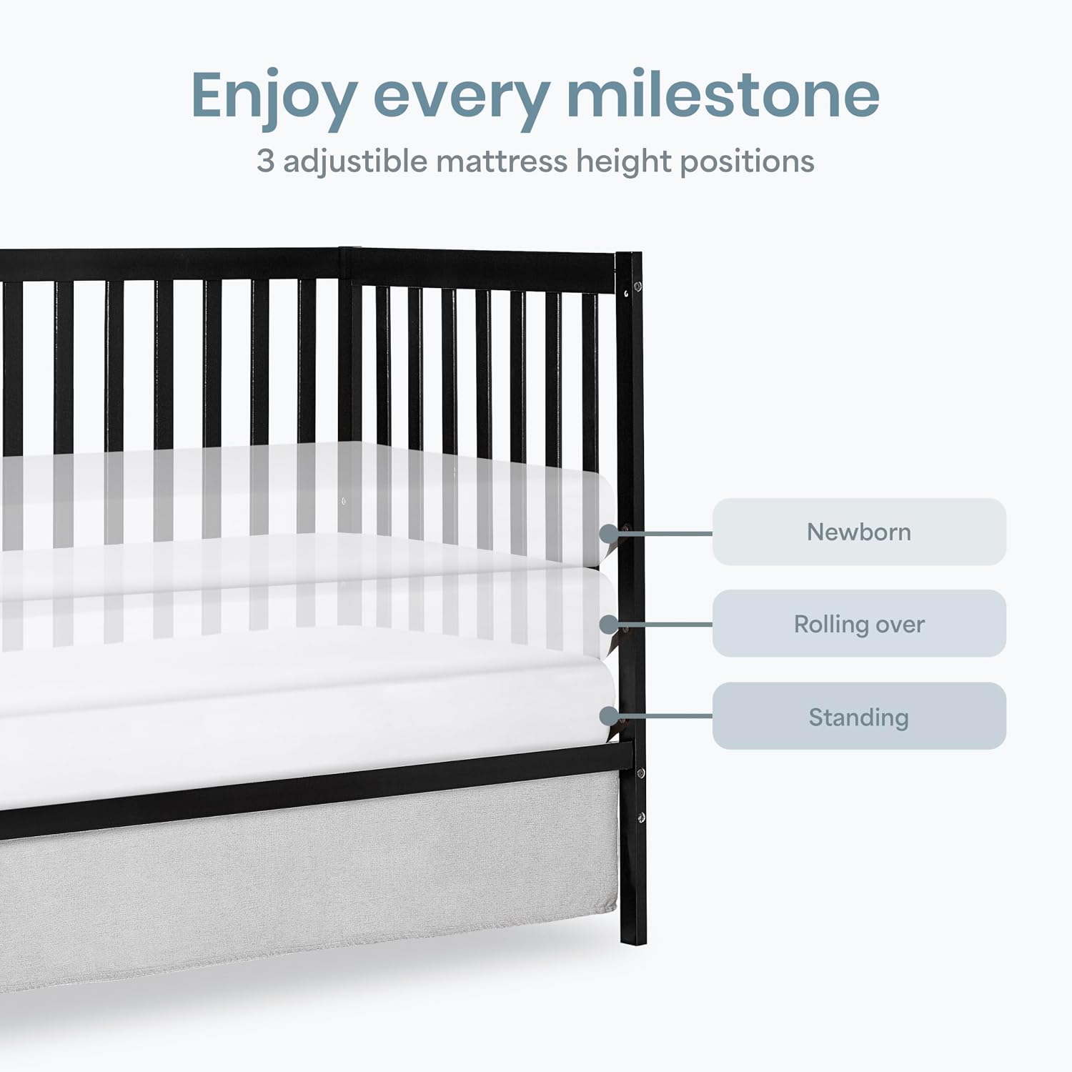 Dream On Me Synergy 5-in-1 Convertible Full-Size Baby Crib with Toddler, Day & Full Bed Conversion in Black, GreenGuard Gold & BSA, 3 Mattress Heights, Sustainable Pinewood