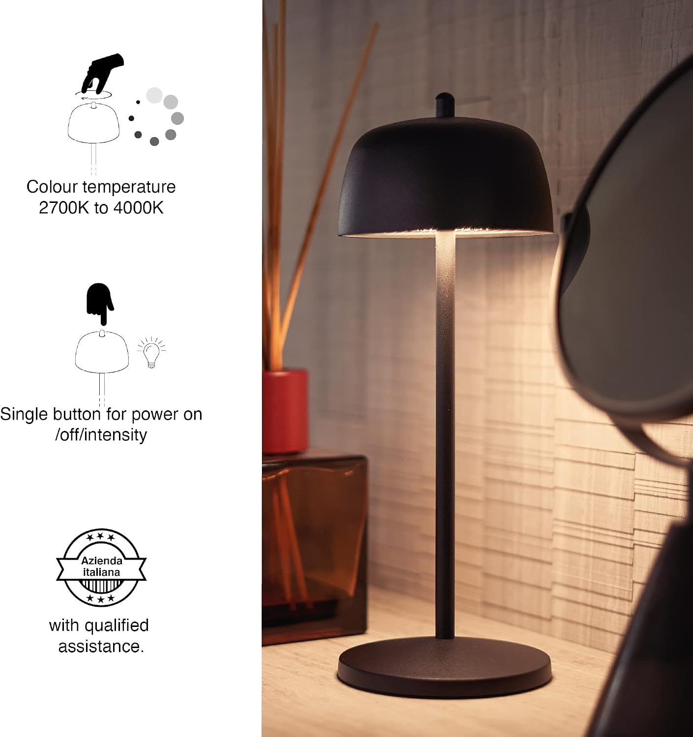 Theta Table lamp Dimmable Wireless LED New 2022 | US Plug | IP65 Protection, Indoor/Outdoor use | Contact Charging Base | Long Term up 12 Hours, US Plug Adapter (Gold)