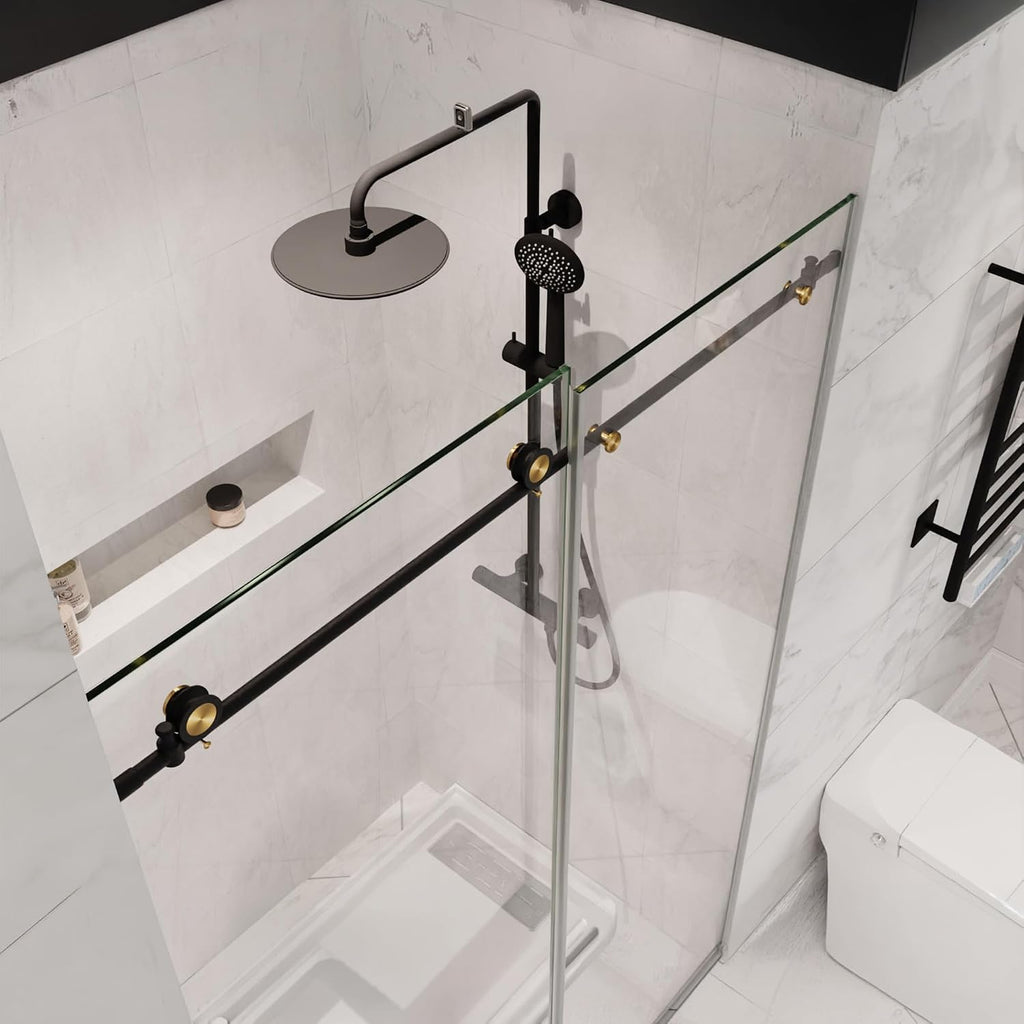 ANZZI Frameless Shower Door 76' x 48' Frameless Shower Door with Sliding - Matte Black and Brushed Gold - Madam Series (SD-AZ13-01MBBG)