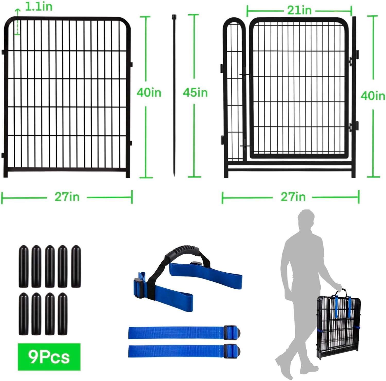Garden Fencing 40 inch High, Dog Fence Outdoor for Yard, 21' Wide Low Threshold Gate, Fencing for Garden Beds, Garden Fence Border,Animal Barrier Fences, 8 Panels Total 17.7 Ft(L)