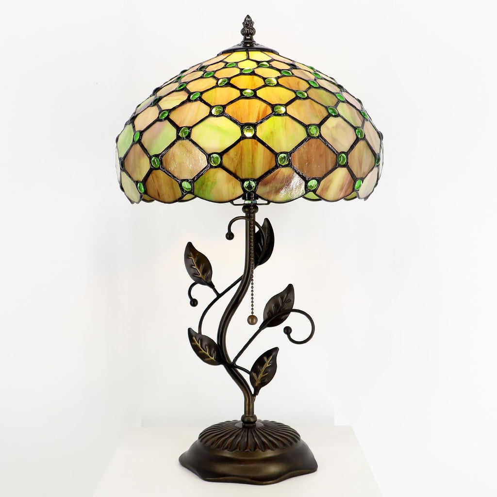 Tiffany Lamp Amber Green Pearl Style Stained Glass Table Lamp Desk Bedside Reading Light 12X12X19 Inches with Metal Leaf Base