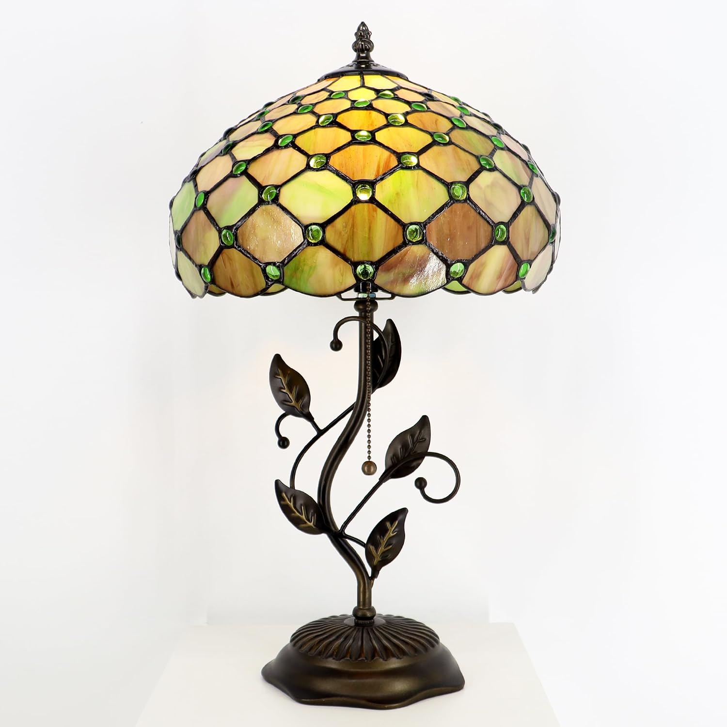 Tiffany Lamp Amber Green Pearl Style Stained Glass Table Lamp Desk Bedside Reading Light 12X12X19 Inches with Metal Leaf Base