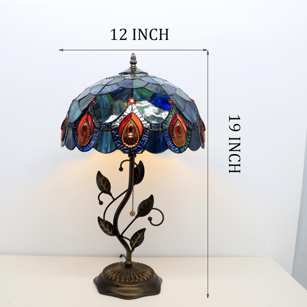 Tiffany Lamp Sea Blue Peacock Tail Style Stained Glass Table Lamp Desk Bedside Reading Light 12X12X19 Inches with Metal Leaf Base