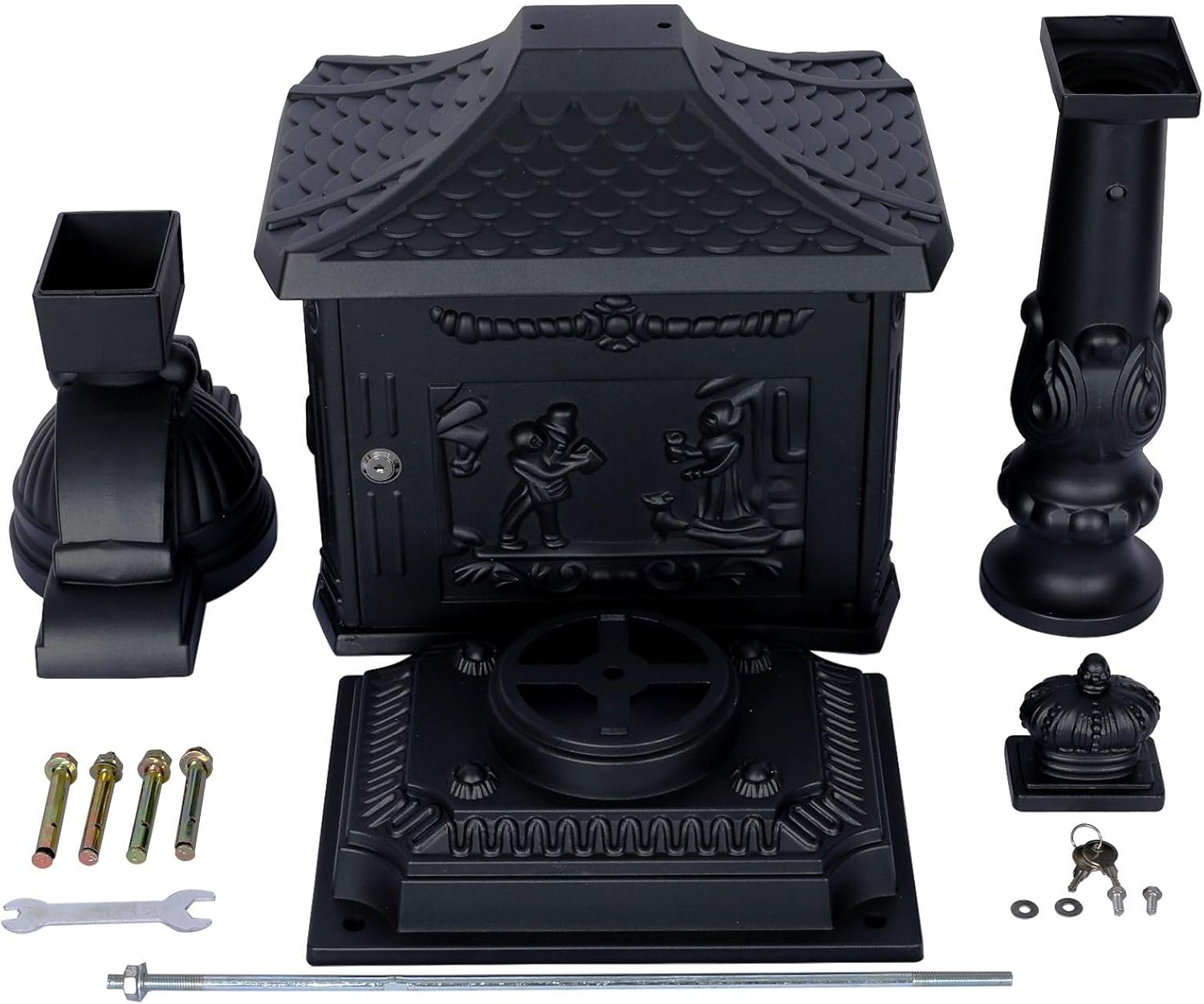 Cast Aluminum Post Mount Mailbox, Heavy Duty Courtyard Villa Decoration Vertical Security Postal Mailbox, Black
