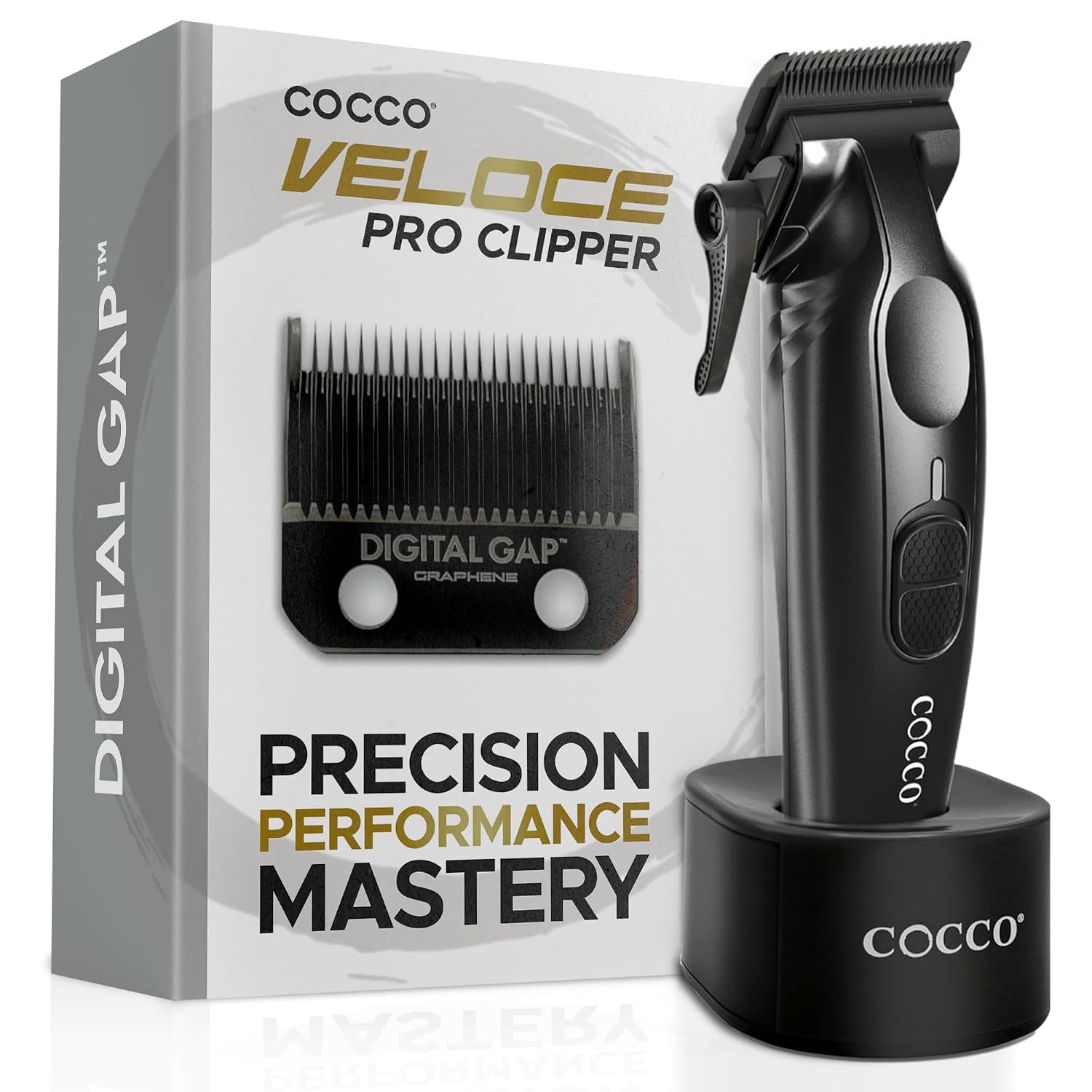 Cocco Veloce Pro Clipper, Digital Gap Ambassador Graphene Taper Blade Professional Hair Clippers, High-Torque BLDC Motor, All-Metal, Cordless, Charging Base Included