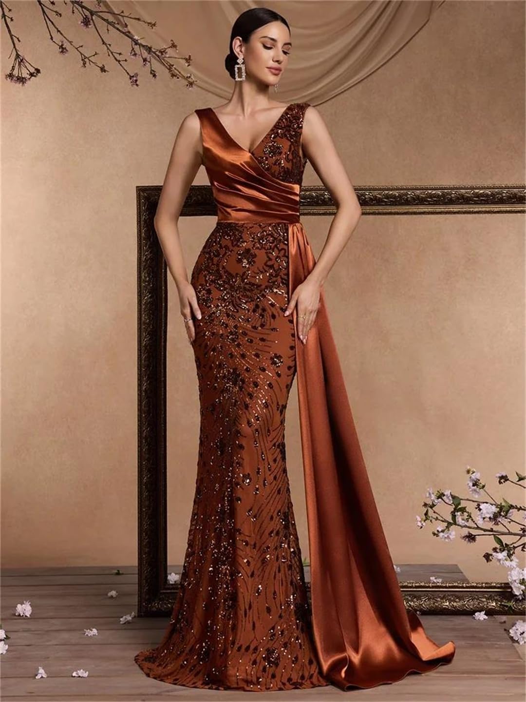 Women Elegant V-Neck Splice Sequins Sleeveless Formal Party Streamer Prom Cocktail Dress