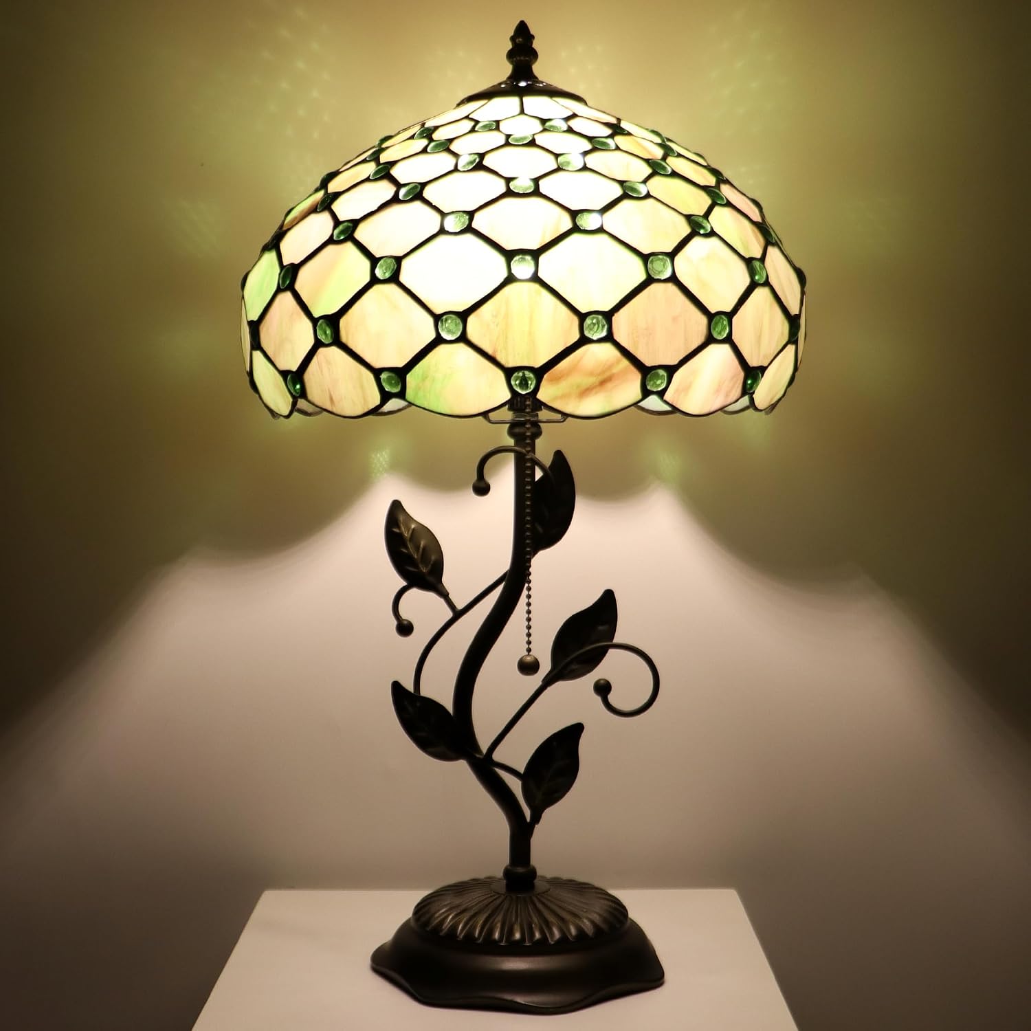 Tiffany Lamp Amber Green Pearl Style Stained Glass Table Lamp Desk Bedside Reading Light 12X12X19 Inches with Metal Leaf Base