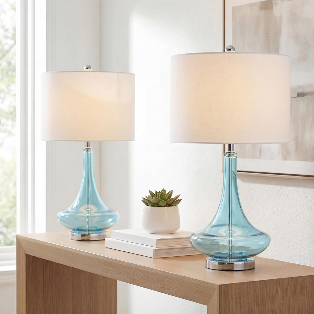 JONATHAN Y 25.5' Aqua/Chrome Glass Teardrop Table Lamp Set of 2 for Bedroom, Modern Bedside Lamps for Living Room, White Linen Drum Shade, LED Bulbs Included (JYL1081B-SET2)