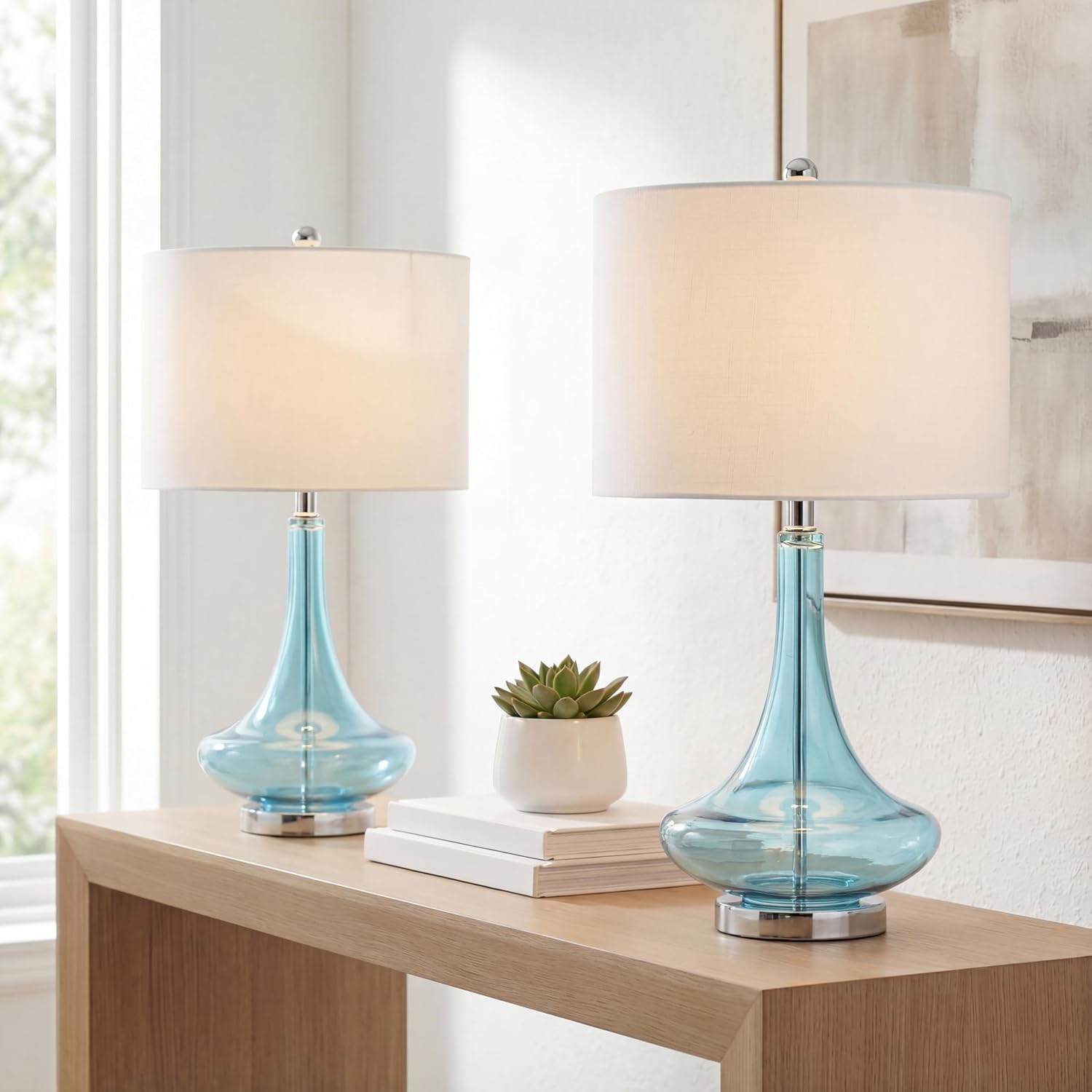 JONATHAN Y 25.5' Aqua/Chrome Glass Teardrop Table Lamp Set of 2 for Bedroom, Modern Bedside Lamps for Living Room, White Linen Drum Shade, LED Bulbs Included (JYL1081B-SET2)