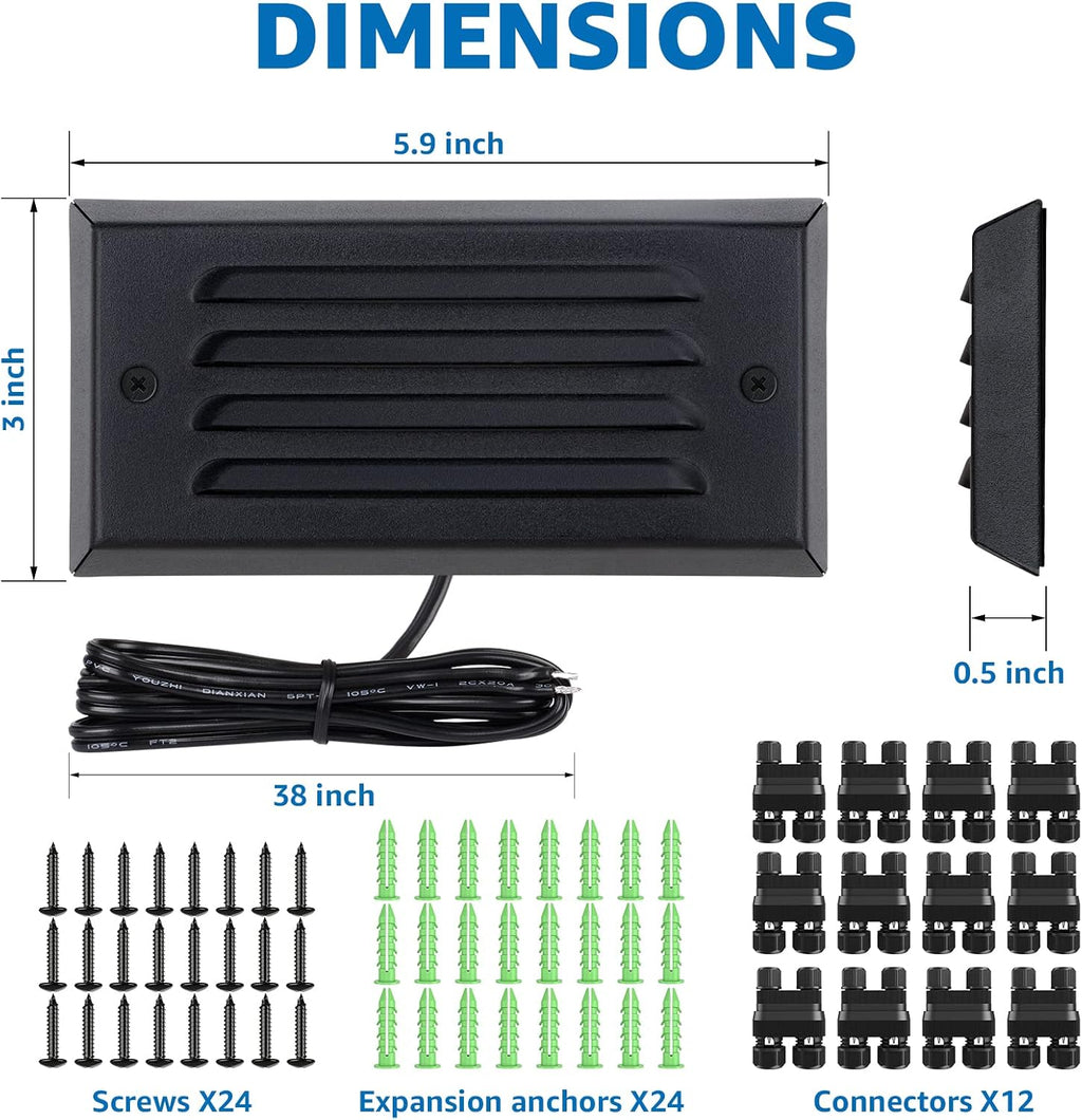SUNVIE LED Low Voltage Step Lights 3000k Step Light Outdoor 5W Low Voltage Deck Lights with Horizontal Louver Faceplate Deck Stair Light for Stairs Fence Post Fastlock2 Connectors Included, 12 Pack