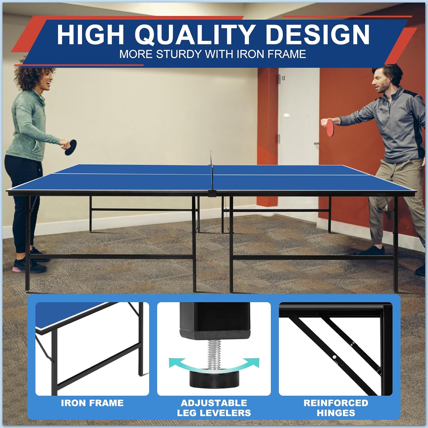 Portable Ping Pong Table, Foldable Indoor Table Tennis Tables Game, Folding Indoor Table Tennis w/ 2 Paddles, 2 Balls and Net for Adults/Teens, Quick Assembly