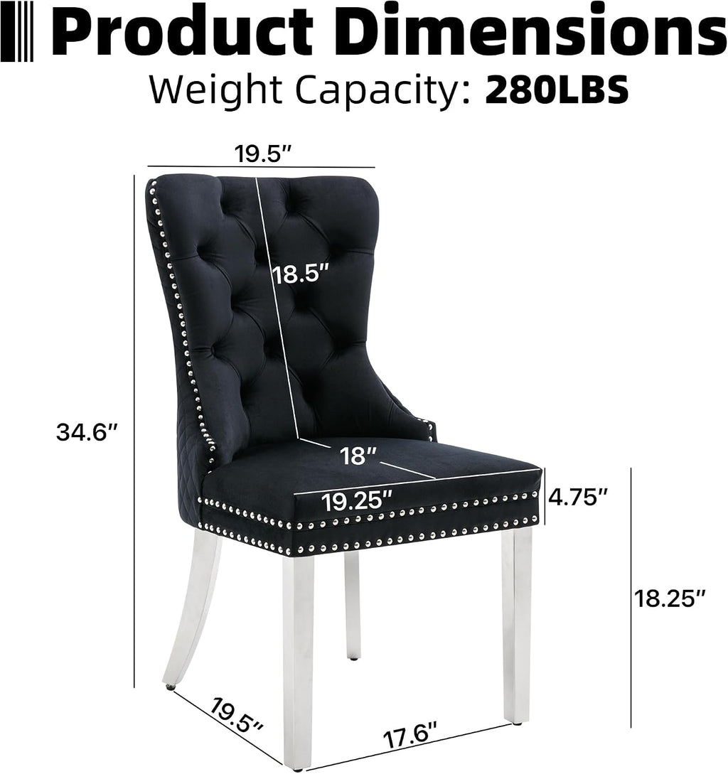 Velvet Dining Chairs Set of 2, Upholstered Dining Room Chairs, Mid-Century Modern Chairs with Diamond Lattice Tufted Back, Lion Pull Ring Rivet Trim, Silver Metal Legs for Kitchen, Black