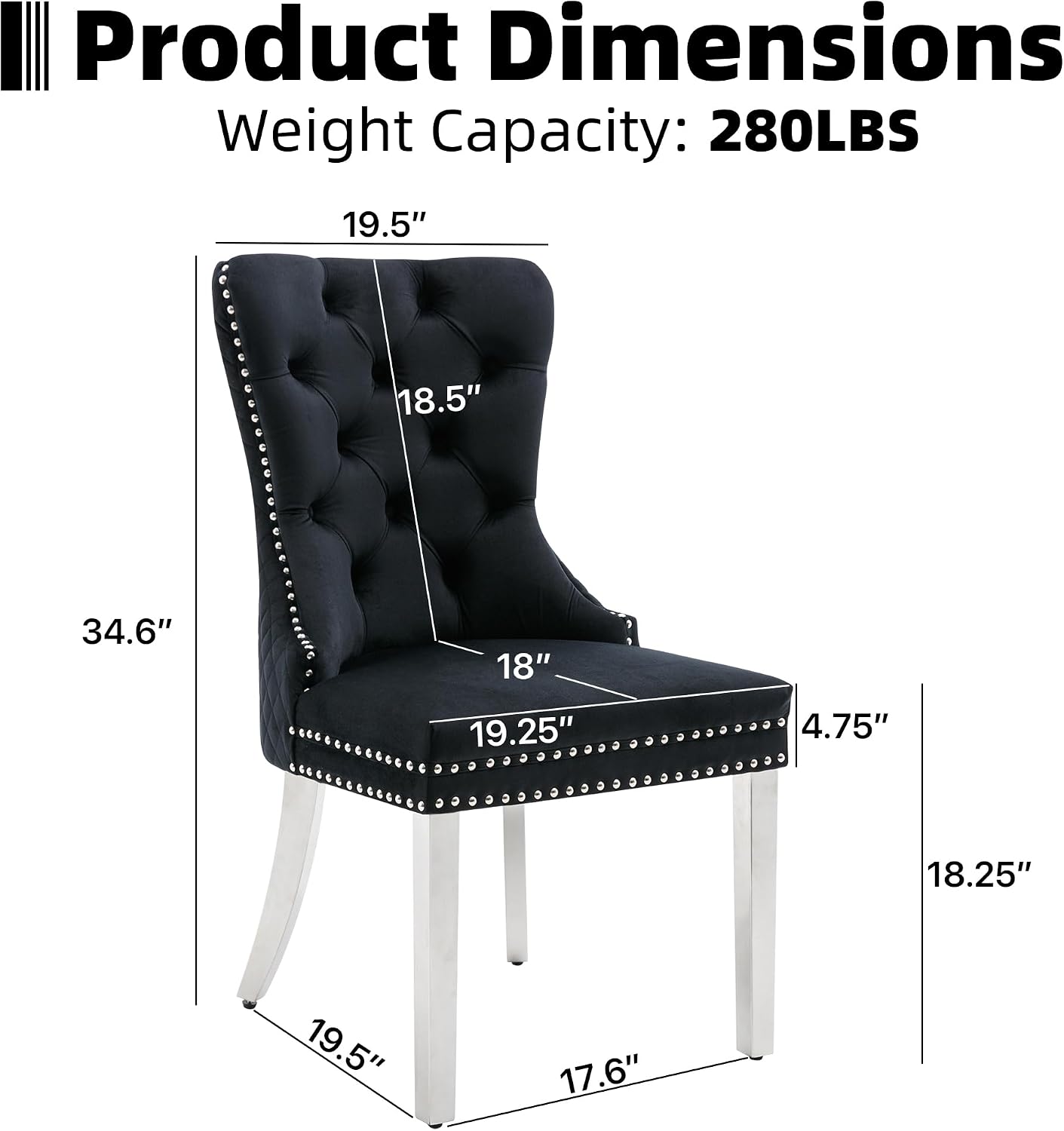 Velvet Dining Chairs Set of 2, Upholstered Dining Room Chairs, Mid-Century Modern Chairs with Diamond Lattice Tufted Back, Lion Pull Ring Rivet Trim, Silver Metal Legs for Kitchen, Black