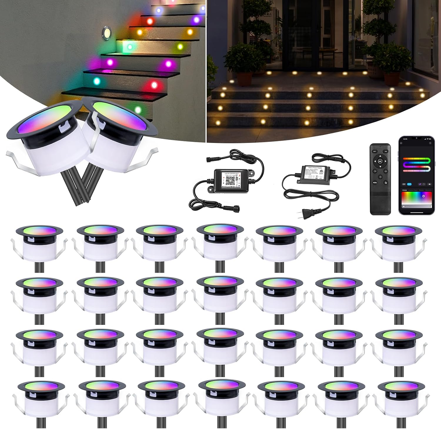 FVTLED LED Deck Lights Kit, Φ1.22 Low Voltage WiFi Pixel RGBW+IC Multi-Color Dynamic Deck Lighting with Remote Control, IP67 Waterproof Outdoor Step Lights DC12V for Garden,Steps,Stair(30 Pack, Black)