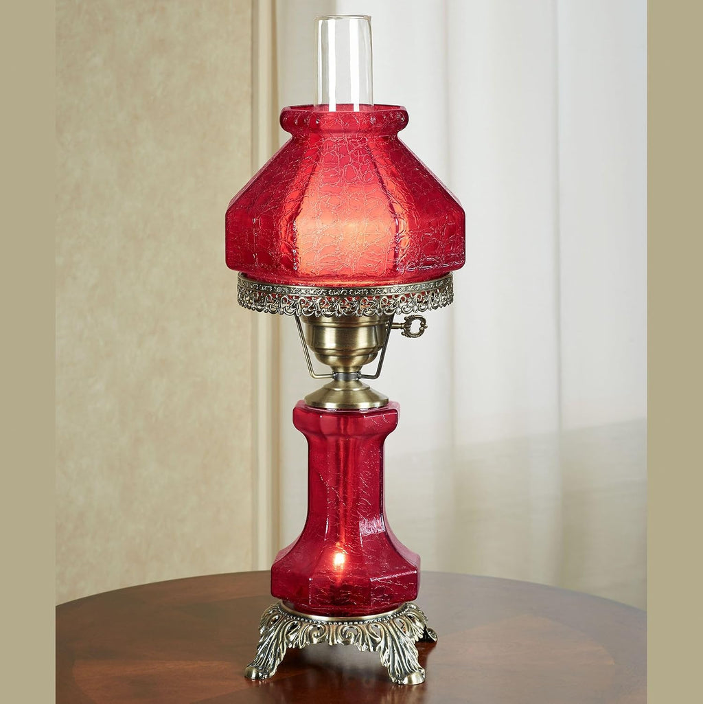 Touch of Class Isabel Hurricane Style Hand-Blown Crackled Glass Victorian Table Lamp Red | Vintage Lighting for Bedroom, Living Room, Office Desk | Frosted Top and Bottom Lampshades