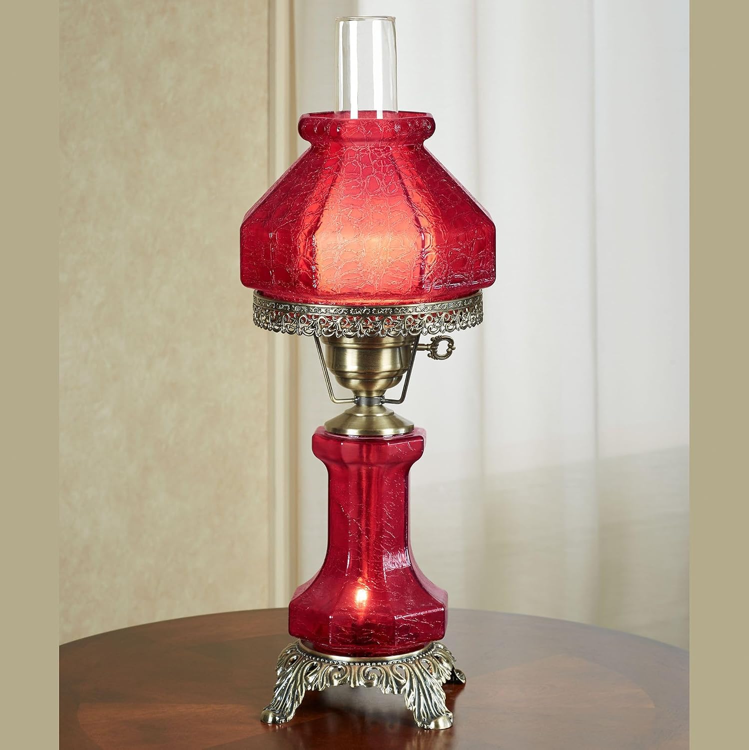 Touch of Class Isabel Hurricane Style Hand-Blown Crackled Glass Victorian Table Lamp Red | Vintage Lighting for Bedroom, Living Room, Office Desk | Frosted Top and Bottom Lampshades