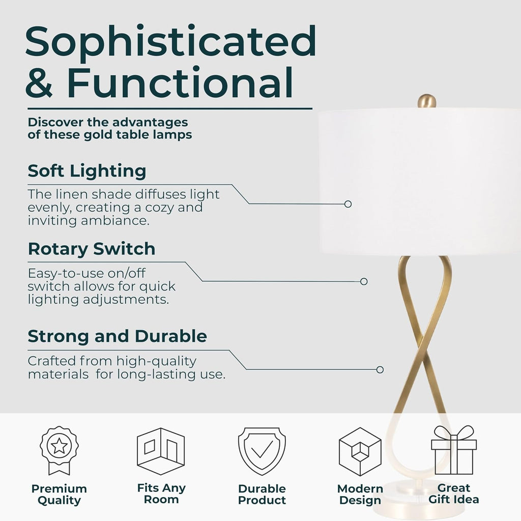 Sagebrook Home Set of 2 Gold Table Lamps with Linen Fabric Shades – Modern Metal Bedside Lamps for Bedroom, Living Room, Office, and Home Decor, 28 Inches
