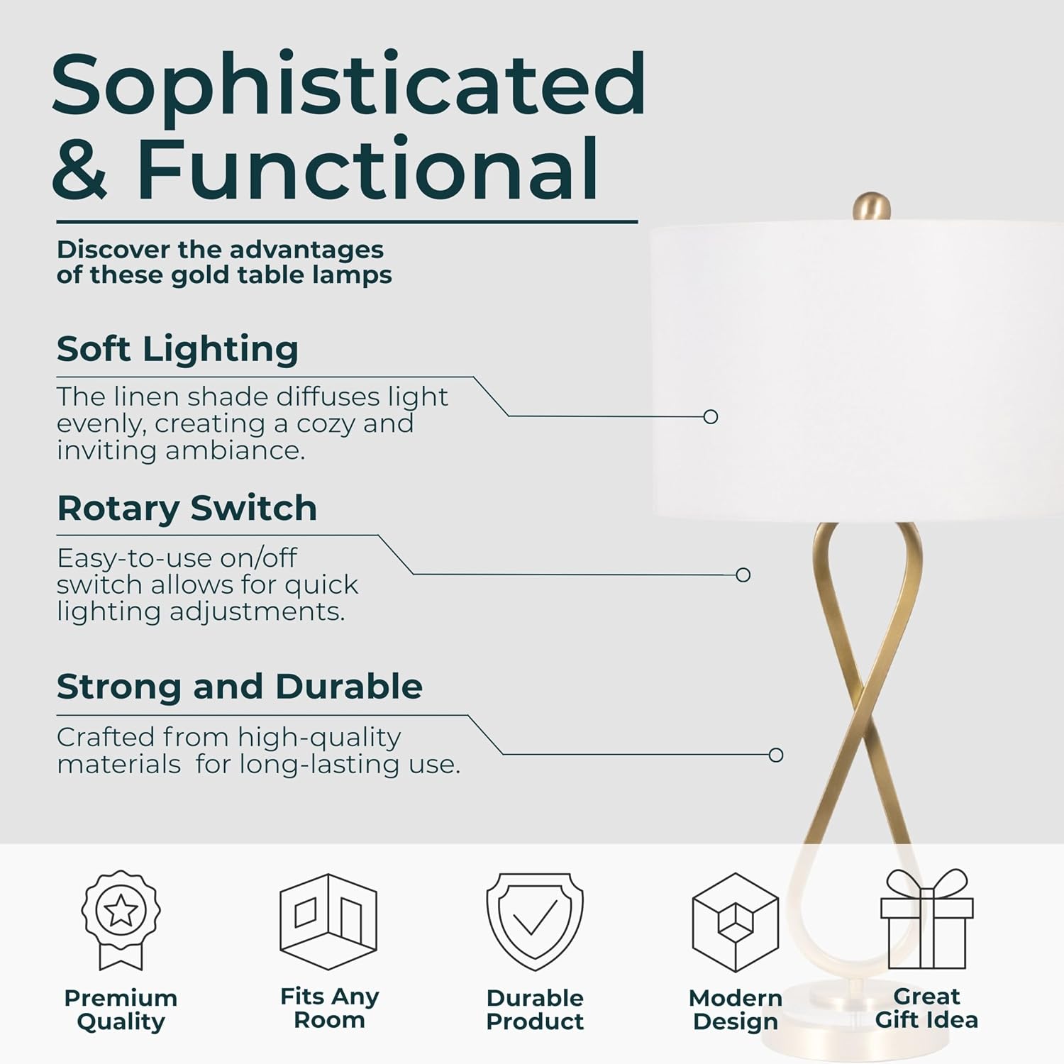 Sagebrook Home Set of 2 Gold Table Lamps with Linen Fabric Shades – Modern Metal Bedside Lamps for Bedroom, Living Room, Office, and Home Decor, 28 Inches