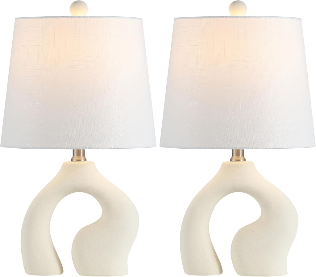 JONATHAN Y 19' Cream Ceramic Arch LED Table Lamp Set of 2, Scandinavian Minimalist Modern Bedside Lamps for Living Room Bedroom, White Linen Shade, LED Bulbs Included JYL5504A-SET2