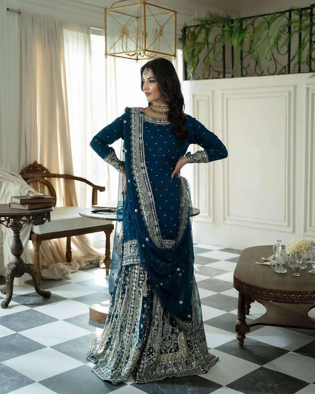 Women's Faux Georgette Embroidered Straight Kurta with Sharara & Dupatta Set with Rivet Moti Work