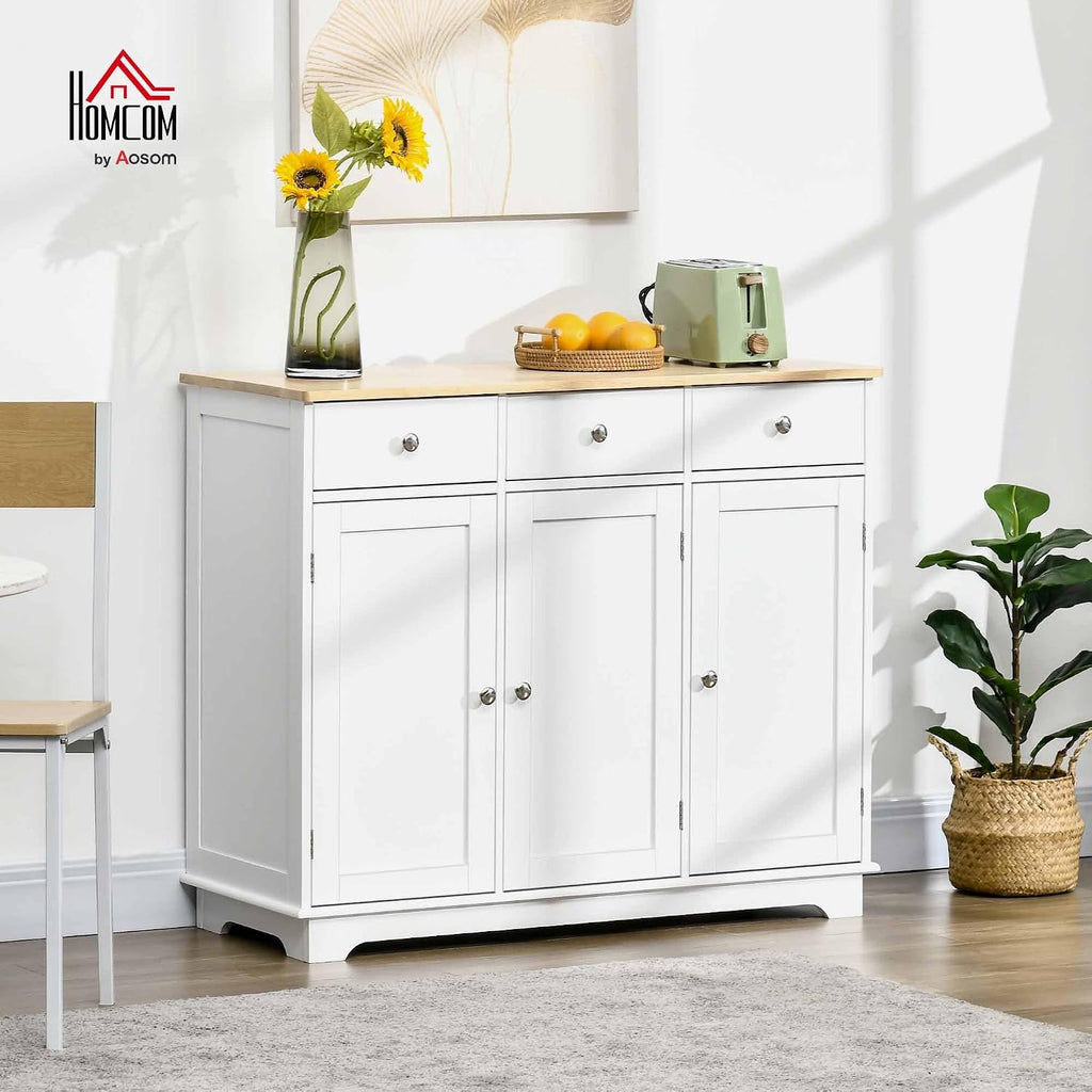 HOMCOM Sideboard Buffet Cabinet with Solid Wood Countertop, Modern Kitchen Storage Cabinet, Coffee Bar Cabinet with 3 Drawers, Doors and Adjustable Shelf, White