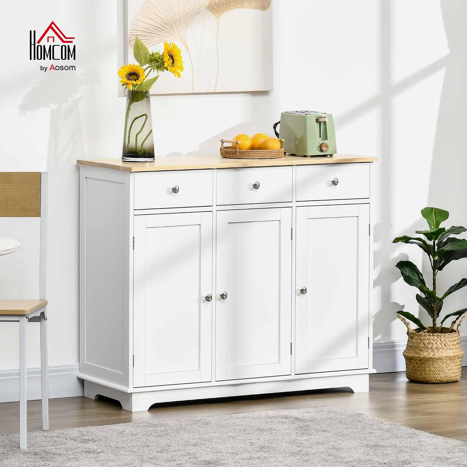 HOMCOM Sideboard Buffet Cabinet with Solid Wood Countertop, Modern Kitchen Storage Cabinet, Coffee Bar Cabinet with 3 Drawers, Doors and Adjustable Shelf, White