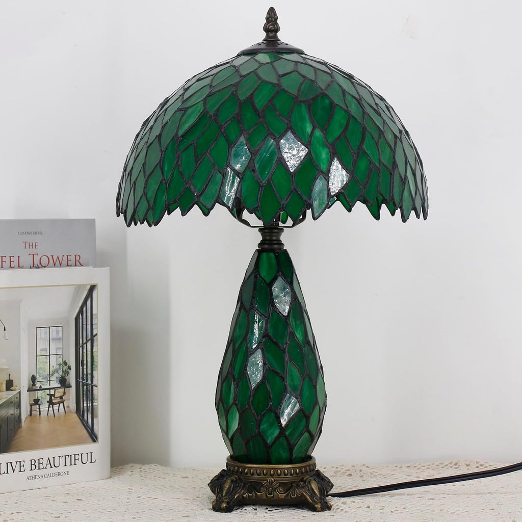 Tiffany Lamp Stained Glass Table Lamp 12X19 Inches Mother Daughter Vase Desk Accent Night Light for Bedroom Bedside Reading Home Antique Style (Green Wisteria)