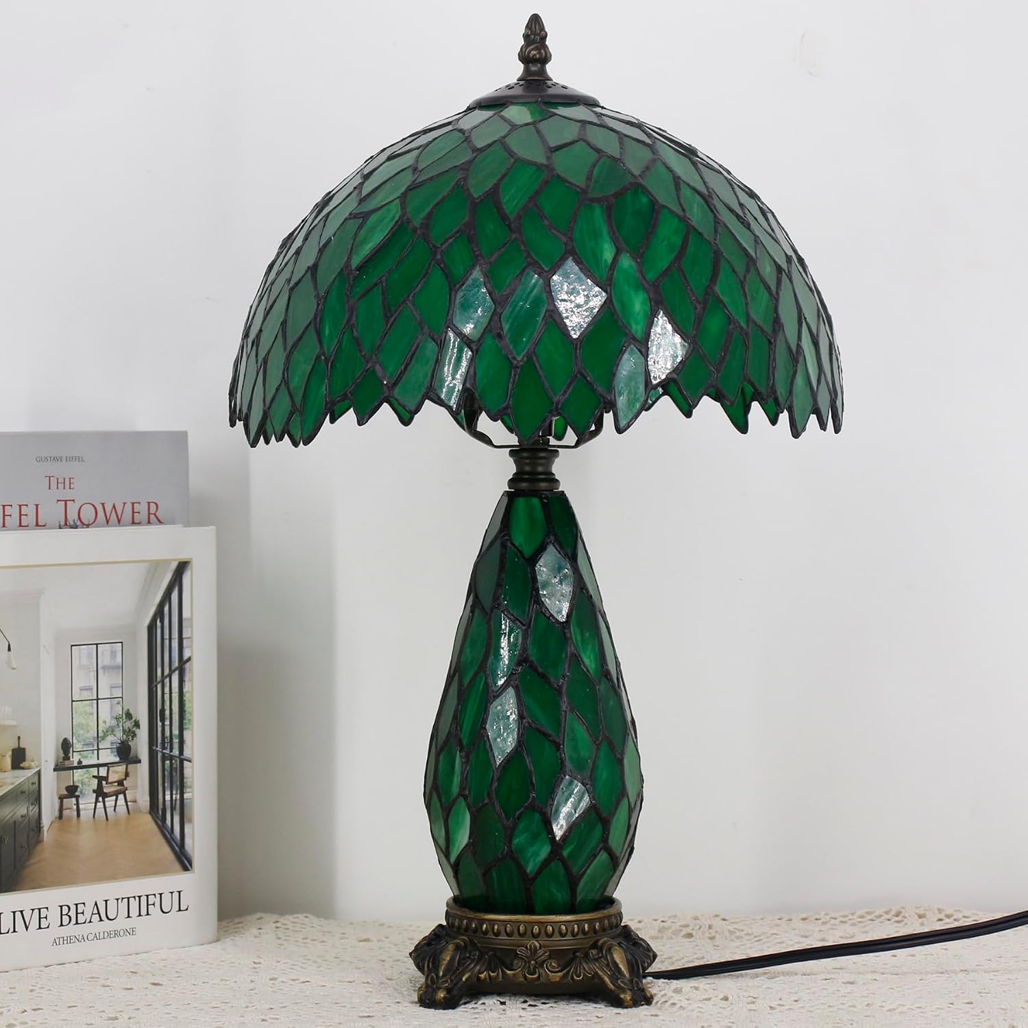 Tiffany Lamp Stained Glass Table Lamp 12X19 Inches Mother Daughter Vase Desk Accent Night Light for Bedroom Bedside Reading Home Antique Style (Green Wisteria)