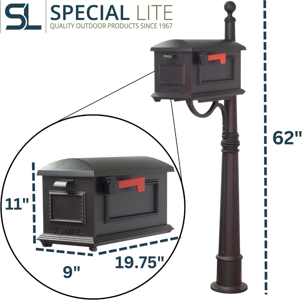 Special Lite Traditional Curbside Mailbox with Ashland Post - Black Mailbox with Aluminum Post - SCT-1010_SPK-600-BLK