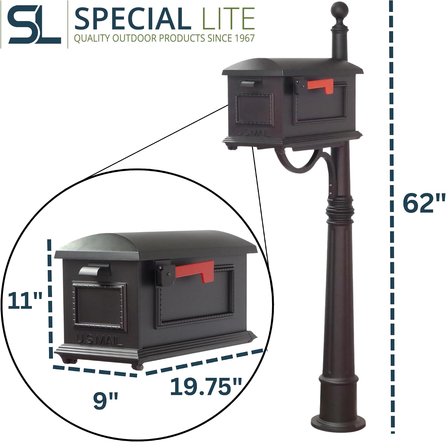 Special Lite Traditional Curbside Mailbox with Ashland Post - Black Mailbox with Aluminum Post - SCT-1010_SPK-600-BLK