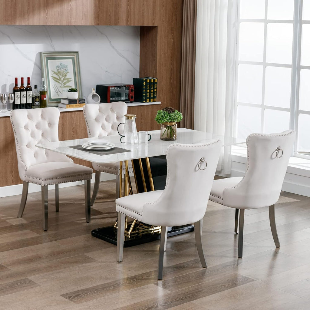 Velvet Dining Chairs Set of 6, Tufted Upholstered Dining Room Chairs with Back Ring Pull, Nailhead Trim and Sliver Stainless Steel Legs, Modern Dinning Chairs for Dining Room, Kitchen(Beige)