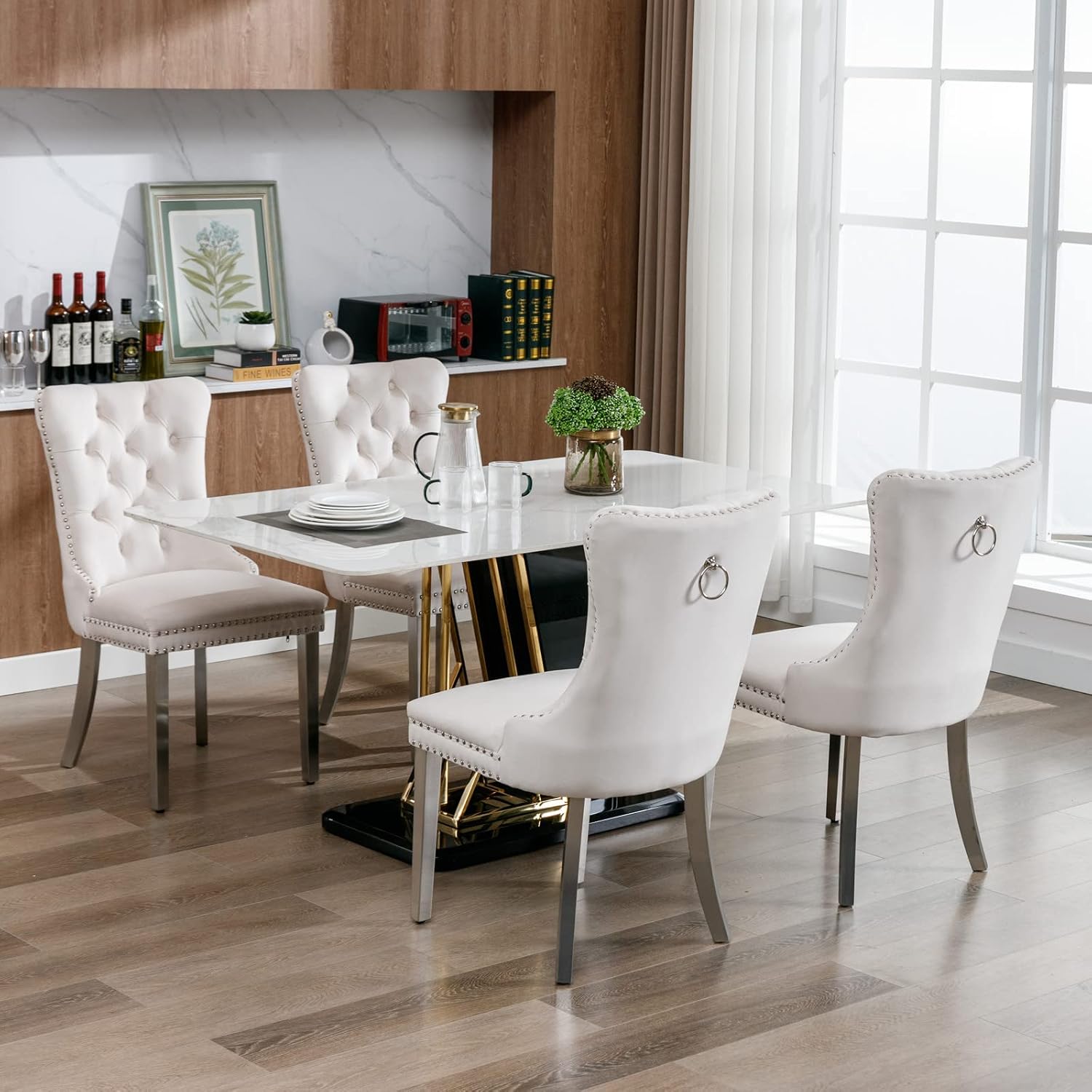 Velvet Dining Chairs Set of 6, Tufted Upholstered Dining Room Chairs with Back Ring Pull, Nailhead Trim and Sliver Stainless Steel Legs, Modern Dinning Chairs for Dining Room, Kitchen(Beige)