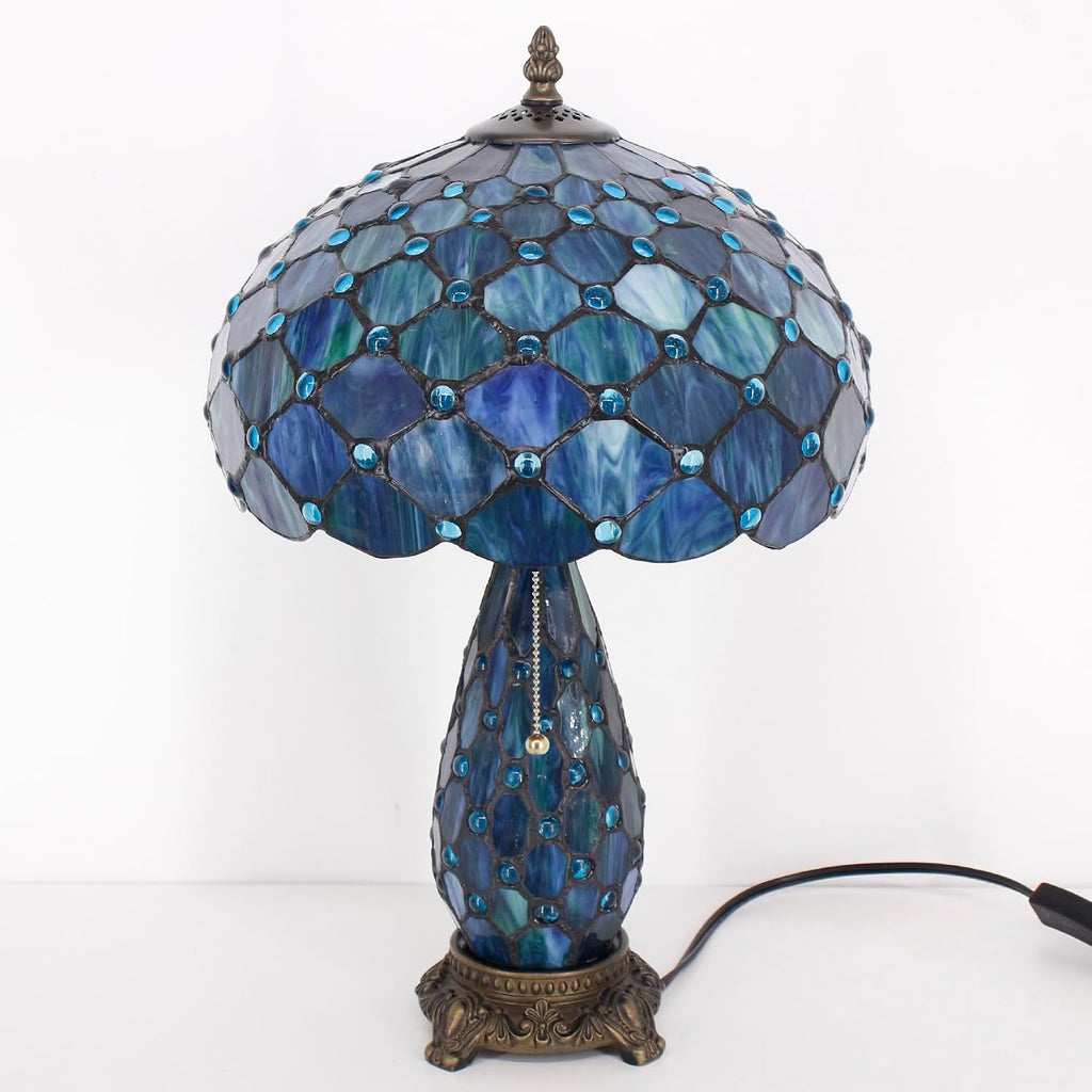 Tiffany Lamp Stained Glass Table Lamp 12X19 Inches Mother Daughter Vase Desk Accent Night Light for Bedroom Bedside Reading Home Antique Style (Blue Beads)