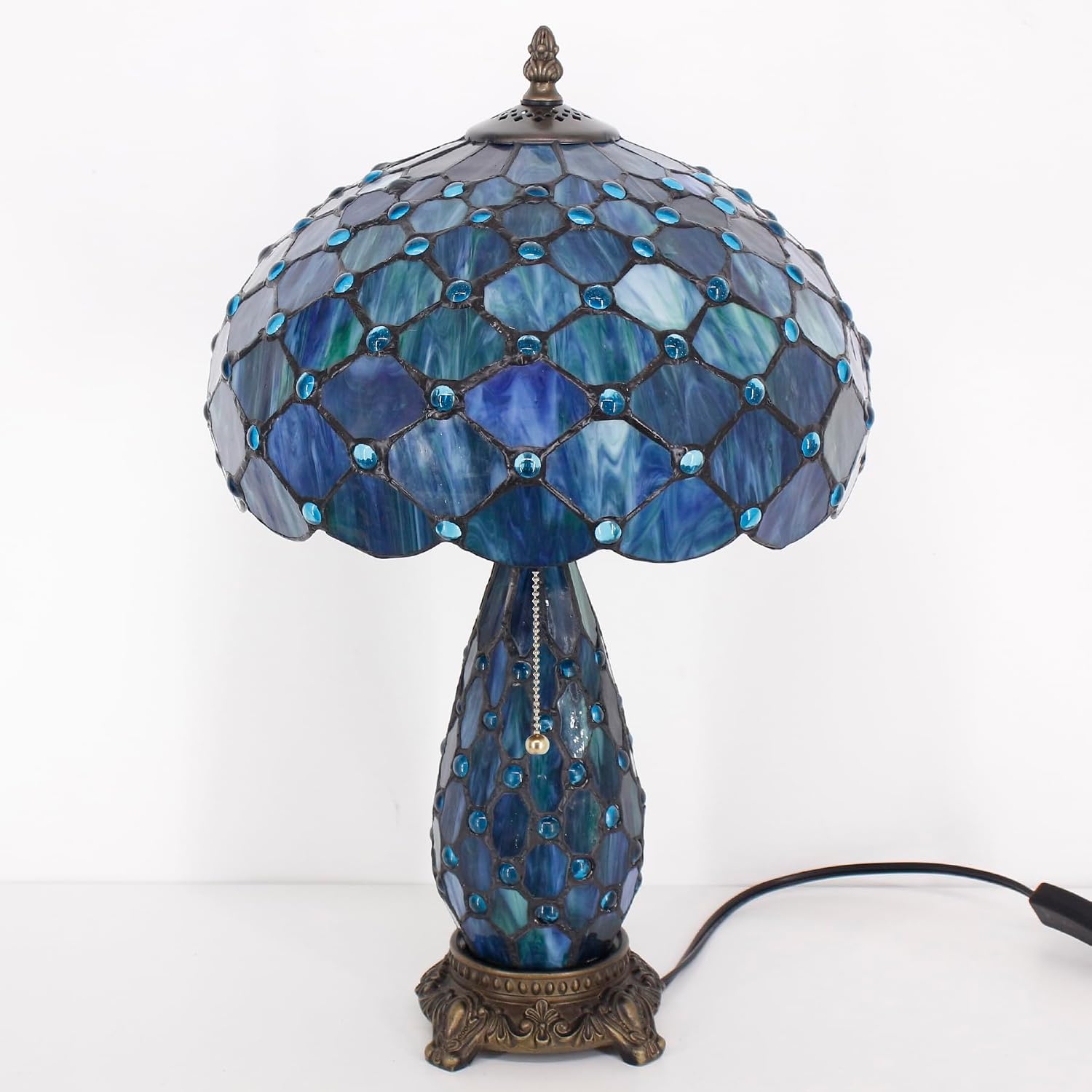 Tiffany Lamp Stained Glass Table Lamp 12X19 Inches Mother Daughter Vase Desk Accent Night Light for Bedroom Bedside Reading Home Antique Style (Blue Beads)