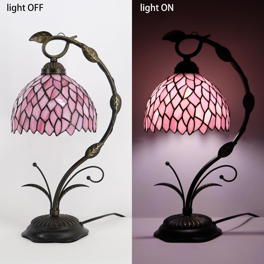 Tiffany Table Lamp, Stained Glass Desk Reading Light, 8X10X19 Inches, Metal Leaf Base (Pink Wisteria)