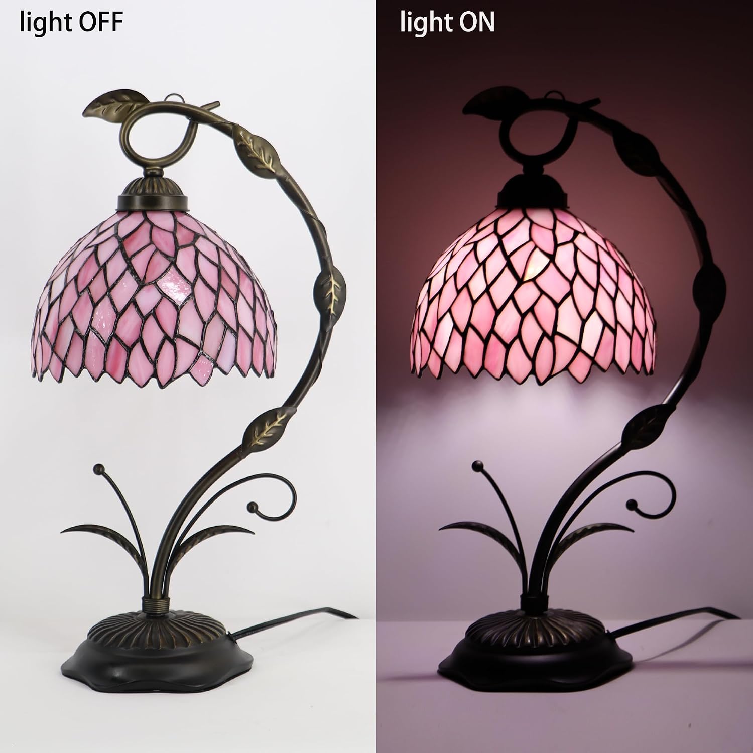 Tiffany Table Lamp, Stained Glass Desk Reading Light, 8X10X19 Inches, Metal Leaf Base (Pink Wisteria)