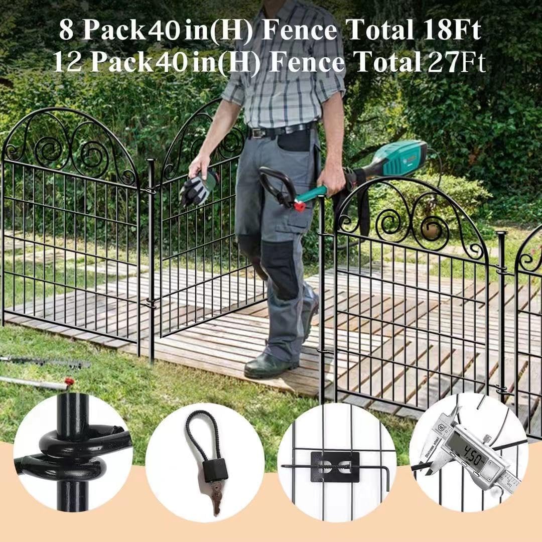 Getlay Tall Garden Animal Barrier Fence With Gate,40 in(H)×27 in(L) 12 Panels Dog Digging Fence Barrier, Black Metal Temporary Fences, Reusable Defense Fencing For Outdoor Yard. Total 26.2 Ft│Patented
